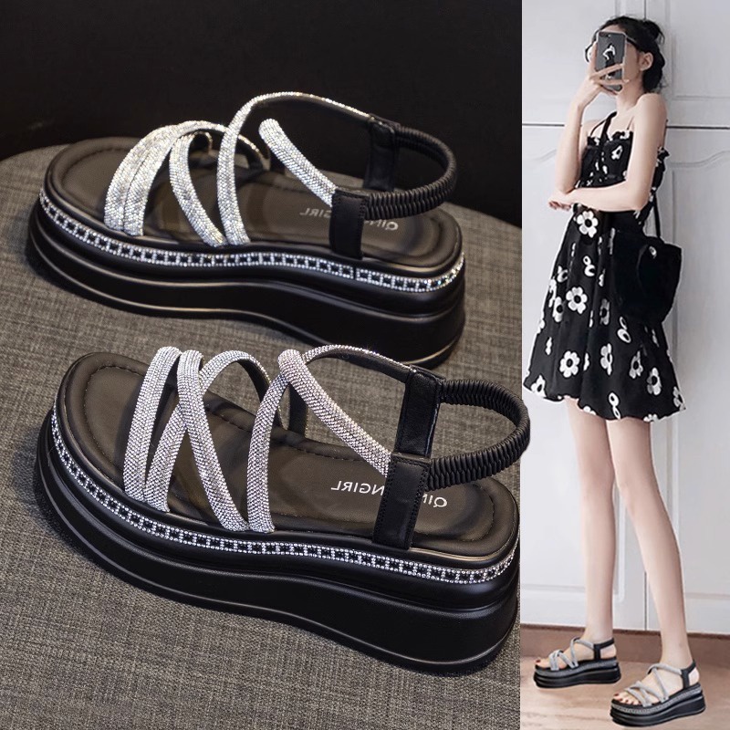 Sandal Đế Xuồng Dày Dặn Đính Đá Phong Cách Mới Mùa Hè 2023 Cho Nữ