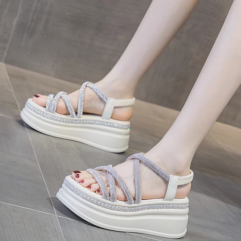 Sandal Đế Xuồng Dày Dặn Đính Đá Phong Cách Mới Mùa Hè 2023 Cho Nữ