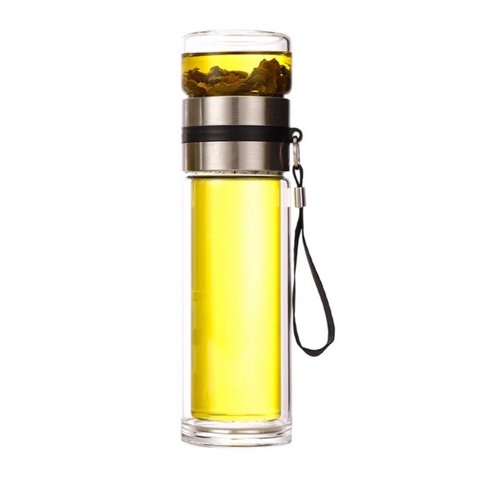 Bình Pha Trà Thủy Tinh Có Lõi Lọc 2 Lớp  Cách Nhiệt 470ml Inox 304 Kèm Quai Xách Tiện Lợi