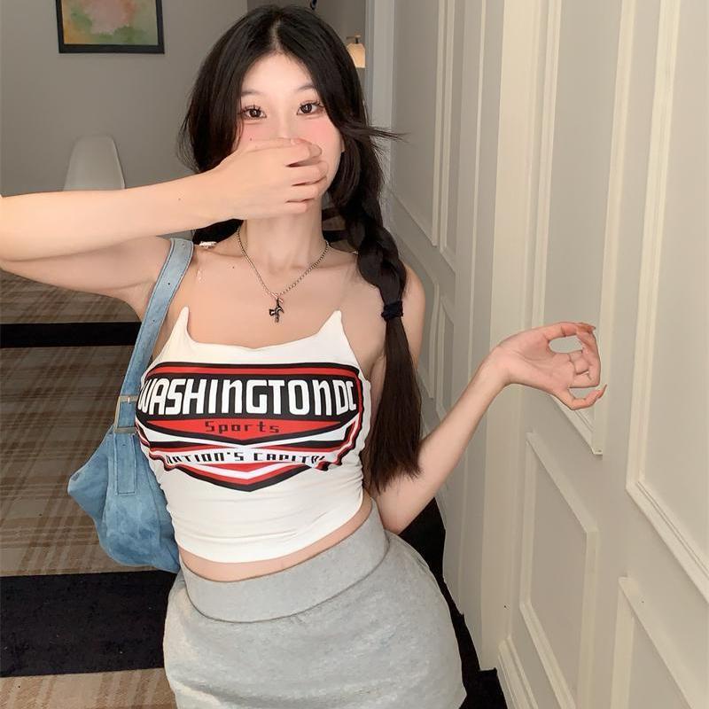 Jiashucheng Áo Hai Dây Dáng Ôm In Chữ Niche Thời Trang Mùa Hè Dành Cho Nữ