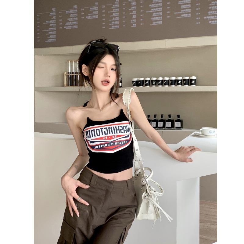 Jiashucheng Áo Hai Dây Dáng Ôm In Chữ Niche Thời Trang Mùa Hè Dành Cho Nữ