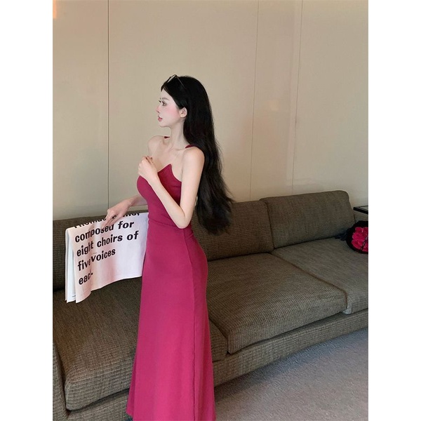 Jiashucheng Đầm Hai Dây Mỏng Mùa Hè Cao Cấp Ôm Eo Không Tay Có Dây Đeo Vai Vô Hình Cho Nữ