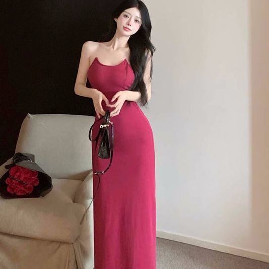 Jiashucheng Đầm Hai Dây Mỏng Mùa Hè Cao Cấp Ôm Eo Không Tay Có Dây Đeo Vai Vô Hình Cho Nữ