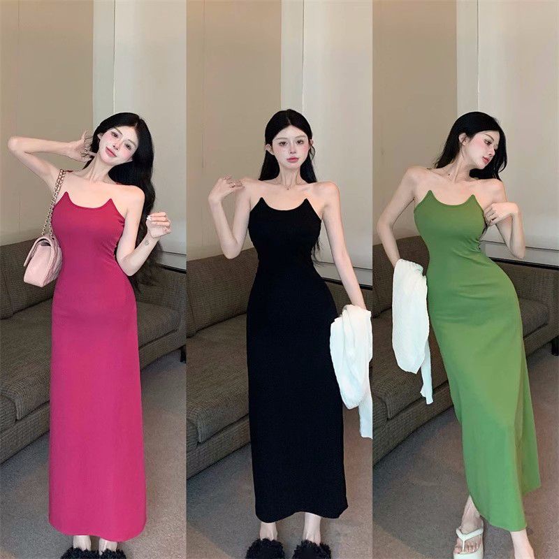 Jiashucheng Đầm Hai Dây Mỏng Mùa Hè Cao Cấp Ôm Eo Không Tay Có Dây Đeo Vai Vô Hình Cho Nữ