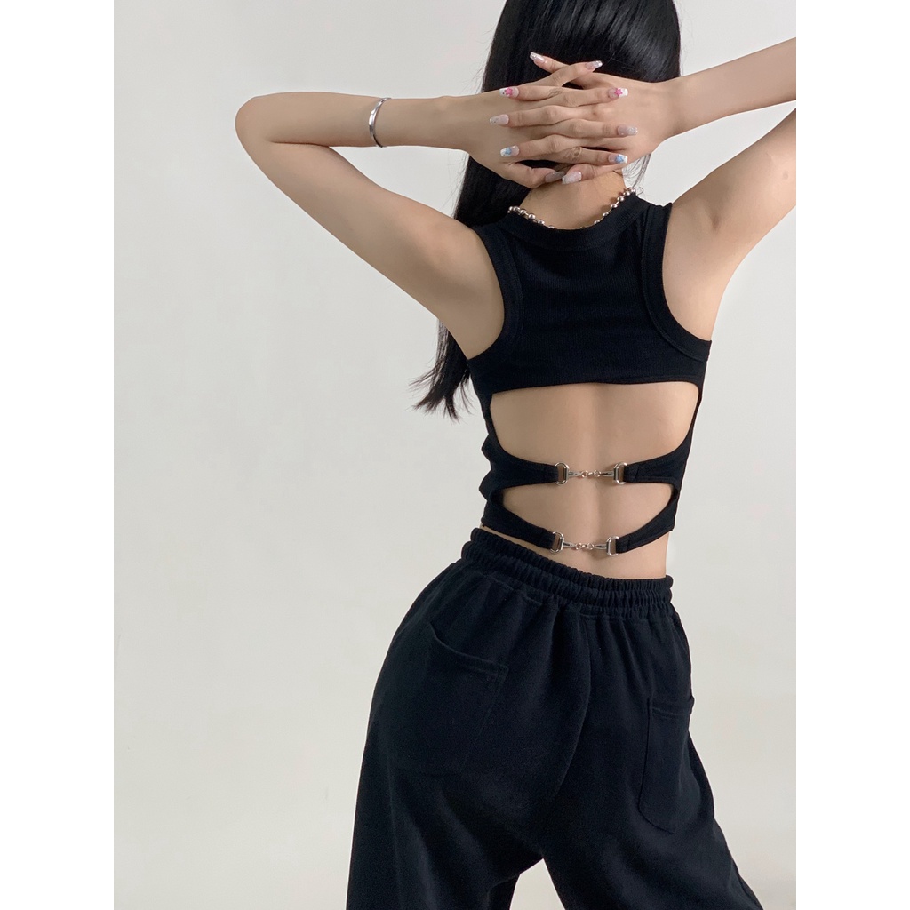 Jiashucheng Áo Thể Thao Ngắn Hai Dây Hở Lưng Màu Đen Có Đệm Ngực Hình Chữ I Đẹp Mắt Mùa Hè Cho Nữ