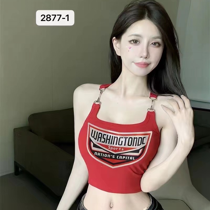 Jiashucheng Áo Hai Dây Không Tay Dáng Ngắn Ôm Vừa Vặn Với Móc Kim Loại In Chữ Mỹ