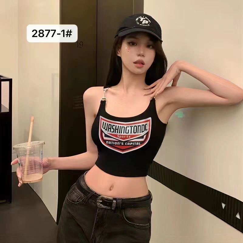 Jiashucheng Áo Hai Dây Không Tay Dáng Ngắn Ôm Vừa Vặn Với Móc Kim Loại In Chữ Mỹ