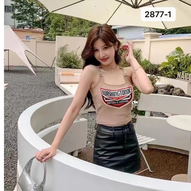 Jiashucheng Áo Hai Dây Không Tay Dáng Ngắn Ôm Vừa Vặn Với Móc Kim Loại In Chữ Mỹ