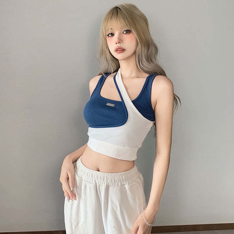 Jiashucheng Áo Thể Thao Giả Hai Mảnh Áo Hai Dây Ngắn Không Đối Xứng Màu Sắc Tương Phản Giản Dị Dành Cho Bạn Nữ