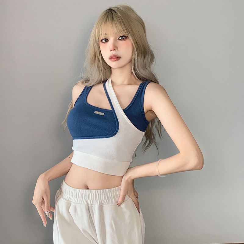 Jiashucheng Áo Thể Thao Giả Hai Mảnh Áo Hai Dây Ngắn Không Đối Xứng Màu Sắc Tương Phản Giản Dị Dành Cho Bạn Nữ