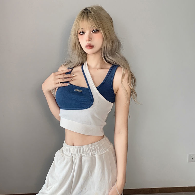 Jiashucheng Áo Thể Thao Giả Hai Mảnh Áo Hai Dây Ngắn Không Đối Xứng Màu Sắc Tương Phản Giản Dị Dành Cho Bạn Nữ