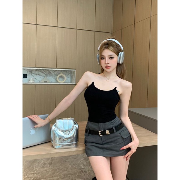 Jiashucheng Xiaozi Áo Hai Dây Ngắn Ôm Dáng Vừa Vặn Với Dây Áo Vô Hình Màu Đỏ Hồng