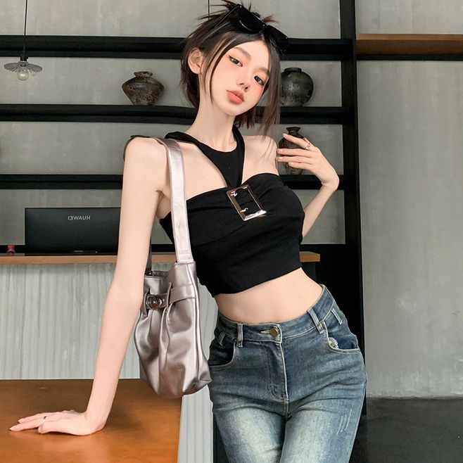 Jiashucheng Áo Hai Dây Cổ Yếm Dáng Ngắn Ôm Sát Màu Đen Khóa Kim Loại Thời Trang Mùa Hè Cho Bạn Gái