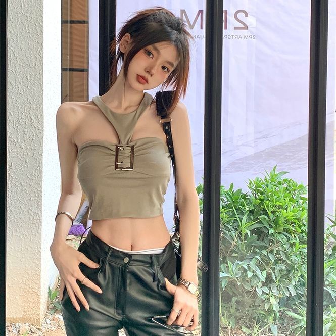 Jiashucheng Áo Hai Dây Cổ Yếm Dáng Ngắn Ôm Sát Màu Đen Khóa Kim Loại Thời Trang Mùa Hè Cho Bạn Gái