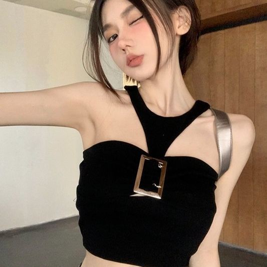 Jiashucheng Áo Hai Dây Cổ Yếm Dáng Ngắn Ôm Sát Màu Đen Khóa Kim Loại Thời Trang Mùa Hè Cho Bạn Gái