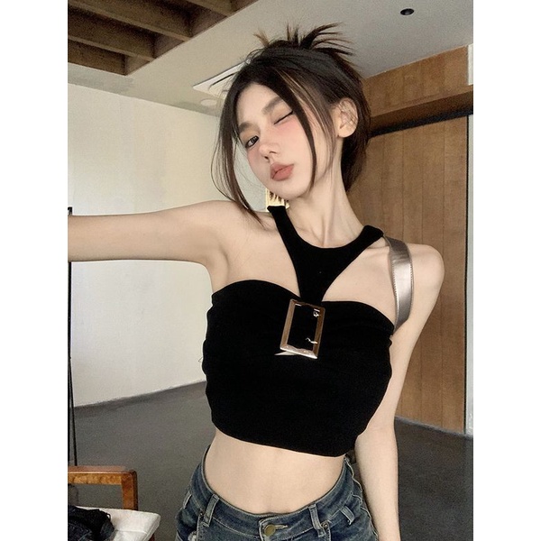 Jiashucheng Áo Hai Dây Cổ Yếm Dáng Ngắn Ôm Sát Màu Đen Khóa Kim Loại Thời Trang Mùa Hè Cho Bạn Gái