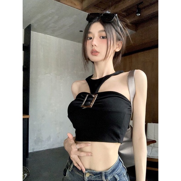 Jiashucheng Áo Hai Dây Cổ Yếm Dáng Ngắn Ôm Sát Màu Đen Khóa Kim Loại Thời Trang Mùa Hè Cho Bạn Gái