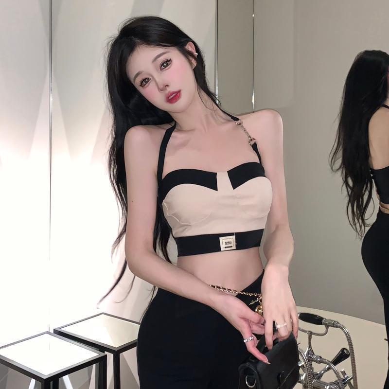 Jiashucheng Áo Hai Dây Ngắn Mỏng Phối Màu Tương Phản Gợi Cảm Dễ Phối Đồ Mùa Hè Cho Nữ Niche