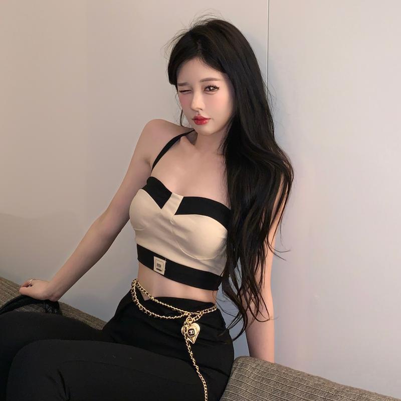 Jiashucheng Áo Hai Dây Ngắn Mỏng Phối Màu Tương Phản Gợi Cảm Dễ Phối Đồ Mùa Hè Cho Nữ Niche