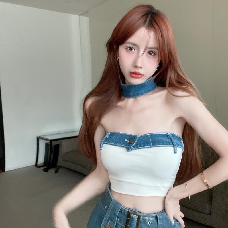 Jiashucheng Áo Ống Denim Ngắn Ôm Ngực Phong Cách Mùa Hè Quyến Rũ Cho Nữ