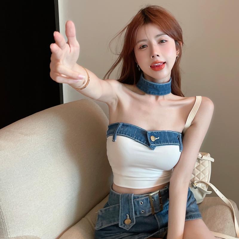 Jiashucheng Áo Ống Denim Ngắn Ôm Ngực Phong Cách Mùa Hè Quyến Rũ Cho Nữ