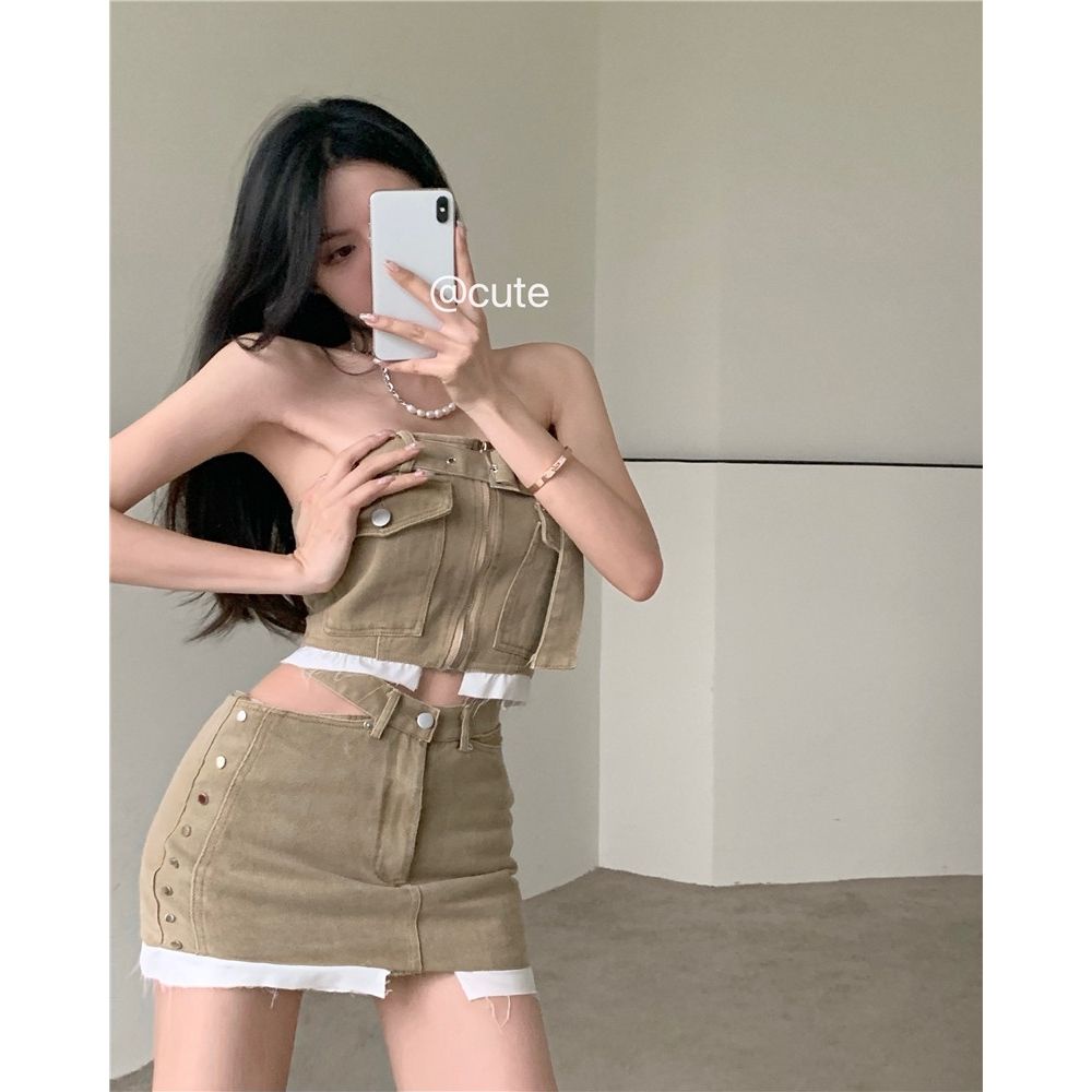 Jiashucheng Chân Váy Denim Lưng Cao Thời Trang Mùa Hè Retro Dành Cho Nữ