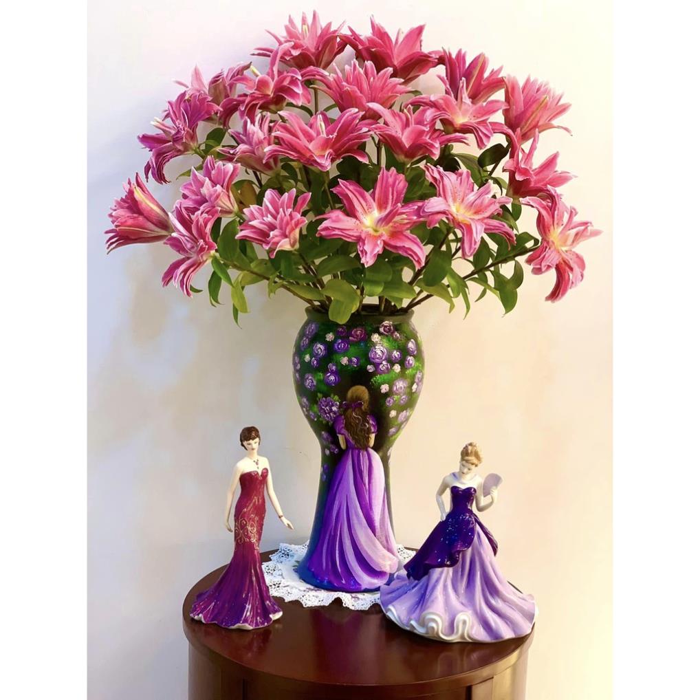 Bình hoa cô gái màu tím vẽ thủ công 3D cao cấp, lọ hoa gốm sứ Bát Tràng decor trang trí phòng khách, bàn tiệc sang trọng
