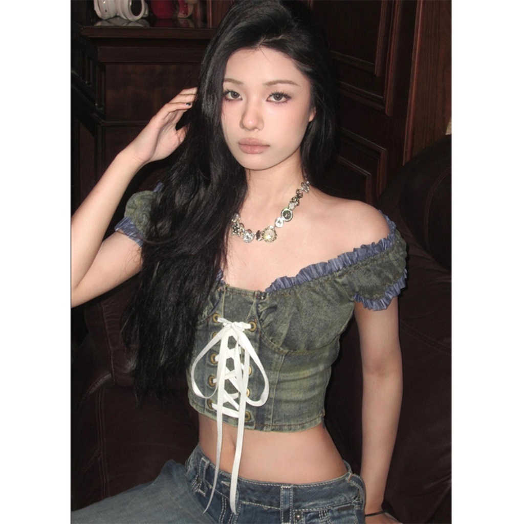 Jiashucheng Áo Sơ Mi Denim Thắt Dây Dáng Ngắn Mỏng Mùa Hè Phong Cách Mỹ Cho Nữ