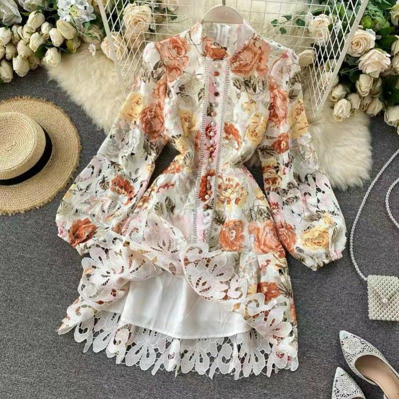 Hàng nhập - Đầm dáng xòe thêu hoa cắt lazer tay phồng, váy tiểu thư dự tiệc cổ trụ viền hoa lá [NNQB0723]