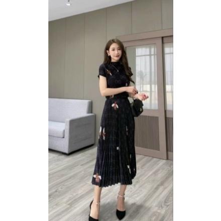 Hàng nhập - Set bộ nữ áo váy lụa mịn mát dập li, sét đồ thời trang dáng xòe tay ngắn cổ tròn [NNQB0723]