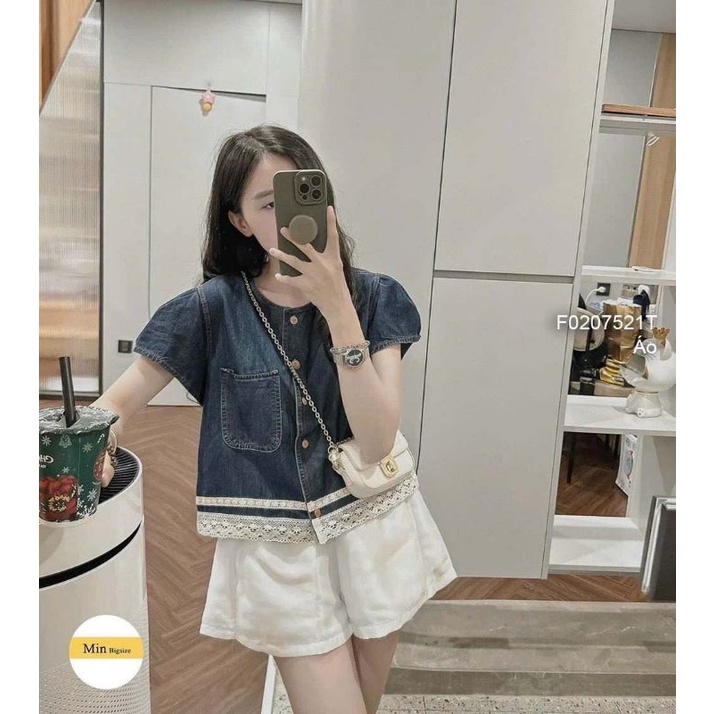 Áo jean tay ngắn lai ren gài nút 1 túi 0207