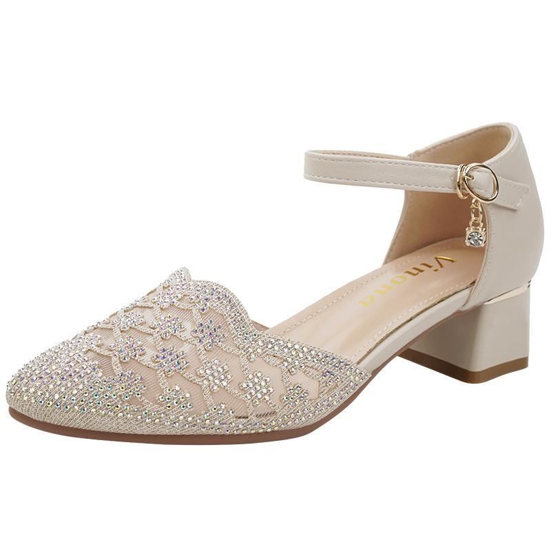 Giày Xăng Đan Da Thật Đế Dày Chống Trượt Phối Lưới Đính Đá Thời Trang Mùa Hè 2023 Cho Nữ Trung Niên