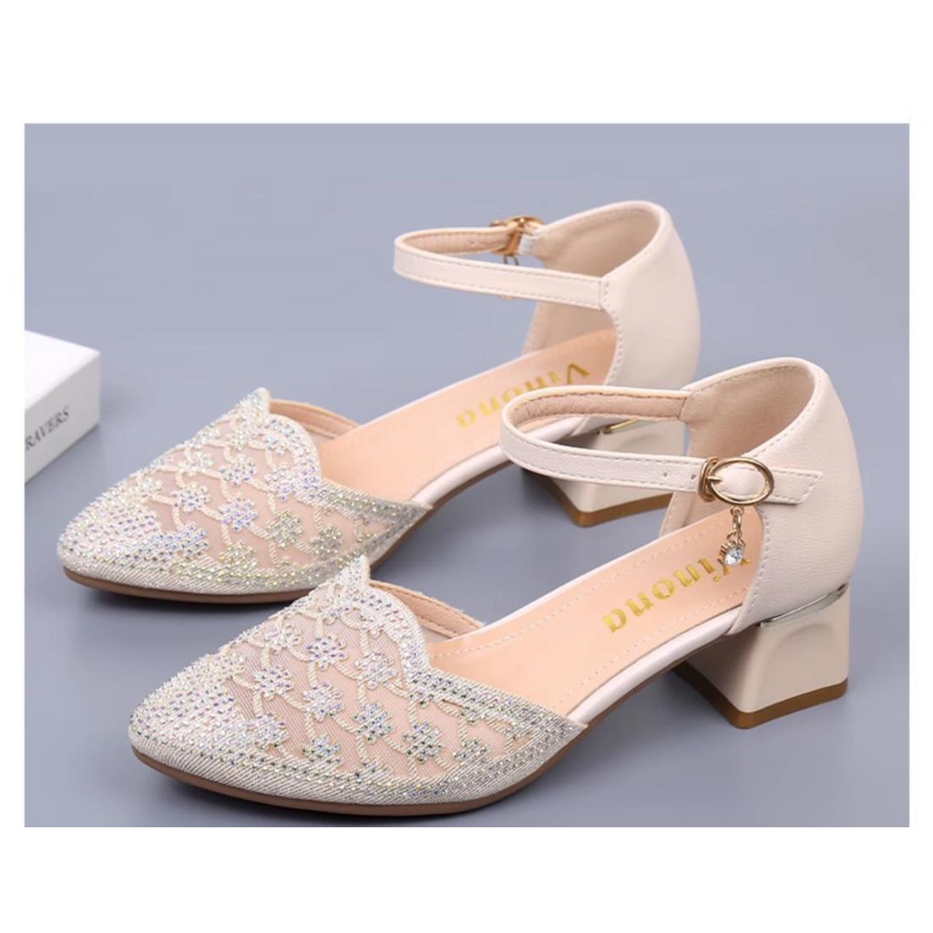 Giày Xăng Đan Da Thật Đế Dày Chống Trượt Phối Lưới Đính Đá Thời Trang Mùa Hè 2023 Cho Nữ Trung Niên