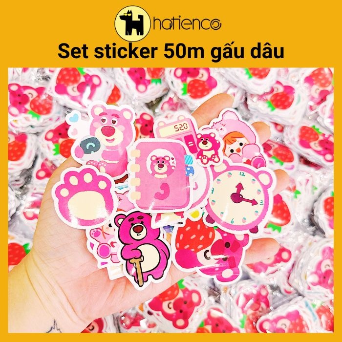 Set sticker, hình dán gấu dâu 50 tấm chống thấm nước