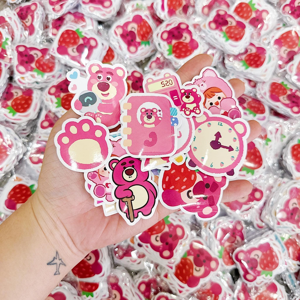 Set sticker, hình dán gấu dâu 50 tấm chống thấm nước
