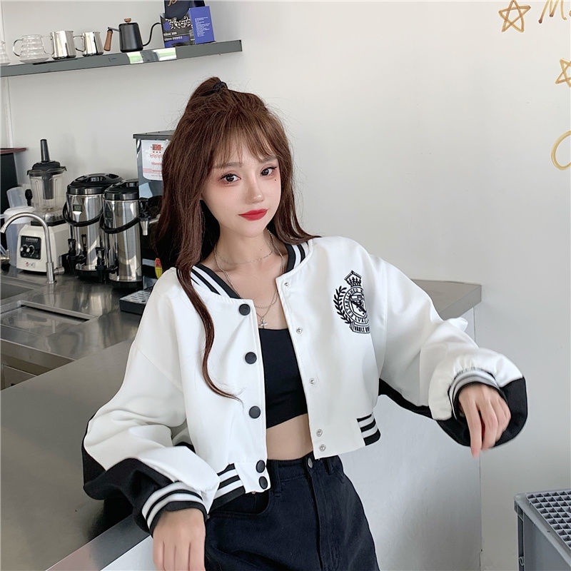 Jiashucheng Áo Khoác Bóng Chày Ngắn Dáng Rộng Thêu Chữ Phong Cách Phương Tây Thời Trang Mùa Thu Mới Cho Nữ