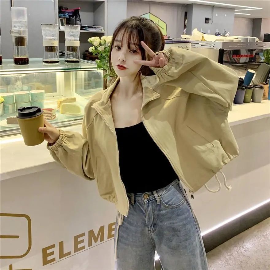 Jiashucheng Áo Khoác Bóng Chày Mỏng Có Mũ Trùm Dáng Rộng Ngắn Phong Cách Hàn Quốc Thời Trang Xuân Thu Mới Cho Nữ