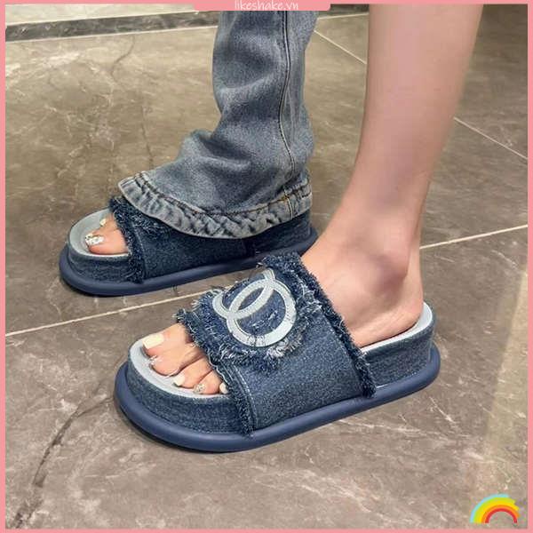 Sandal Đế Dày Thiết Kế Mới Chất Liệu Denim Cao Cấp Thời Trang