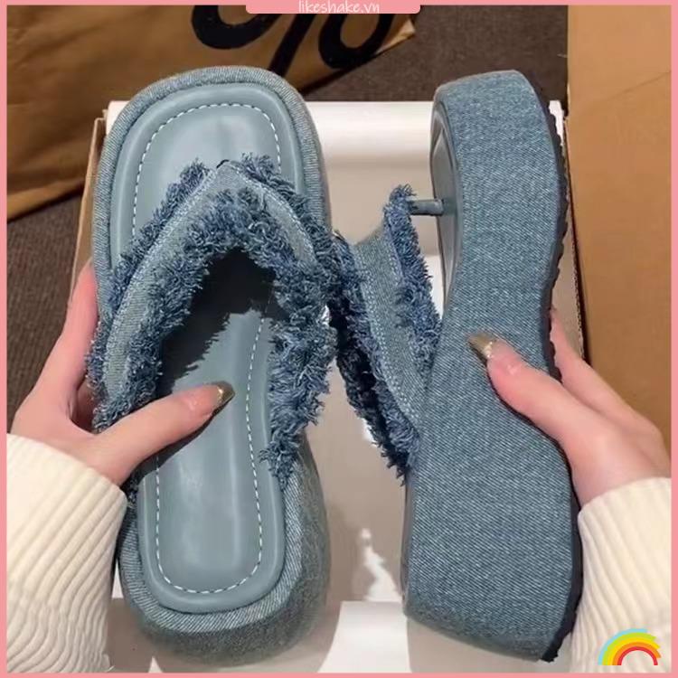 Dép Xỏ Ngón Chất Liệu Denim Đế Dày Thời Trang Cho Nữ