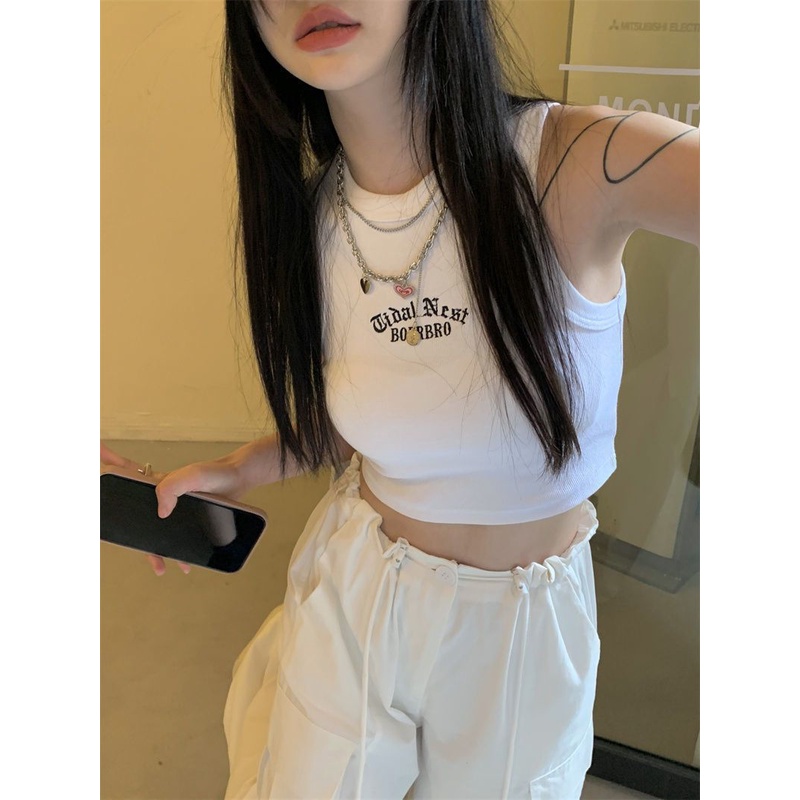 Jiashucheng Áo Hai Dây Dáng Ôm Thêu Chữ Phong Cách Âu Mỹ Thời Trang Mùa Hè Dành Cho Bạn Nữ