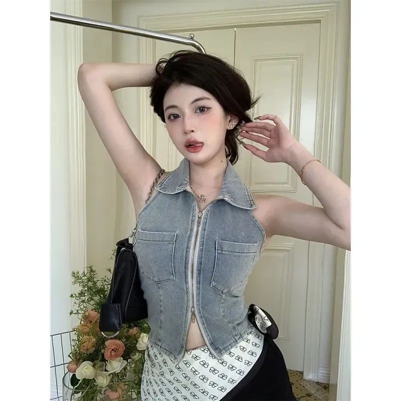 Jiashucheng Áo Denim Không Tay Cổ polo Dáng Ôm Phối Khóa Kéo Thời Trang Mùa Hè Dành Cho Nữ