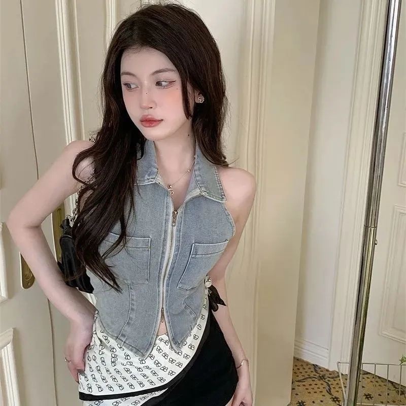 Jiashucheng Áo Denim Không Tay Cổ polo Dáng Ôm Phối Khóa Kéo Thời Trang Mùa Hè Dành Cho Nữ