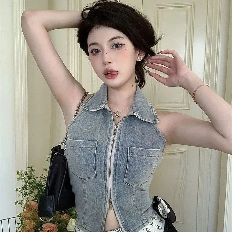 Jiashucheng Áo Denim Không Tay Cổ polo Dáng Ôm Phối Khóa Kéo Thời Trang Mùa Hè Dành Cho Nữ