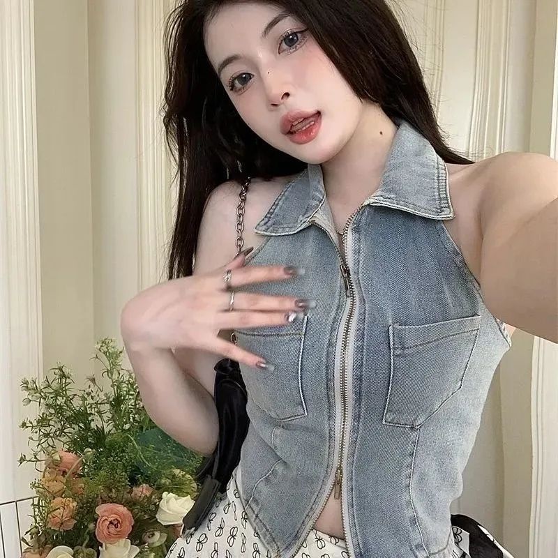 Jiashucheng Áo Denim Không Tay Cổ polo Dáng Ôm Phối Khóa Kéo Thời Trang Mùa Hè Dành Cho Nữ