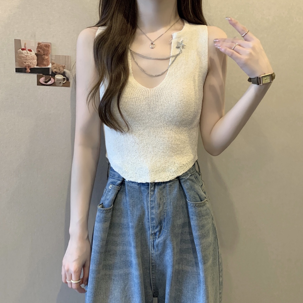 Jiashucheng Áo Dệt Kim Sát Nách Cổ Chữ V Dáng Ôm Màu Đen Thời Trang Mùa Hè Phong Cách Hàn Quốc Cho Nữ