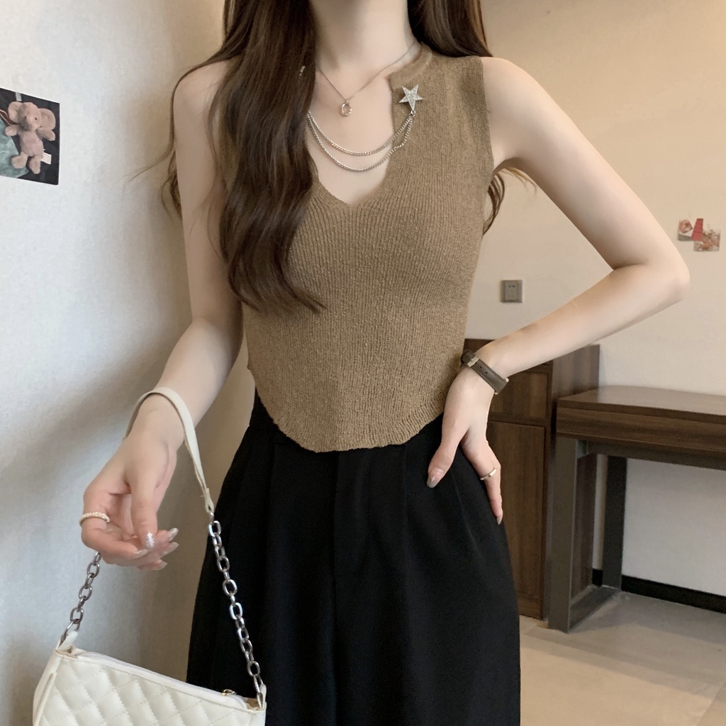 Jiashucheng Áo Dệt Kim Sát Nách Cổ Chữ V Dáng Ôm Màu Đen Thời Trang Mùa Hè Phong Cách Hàn Quốc Cho Nữ