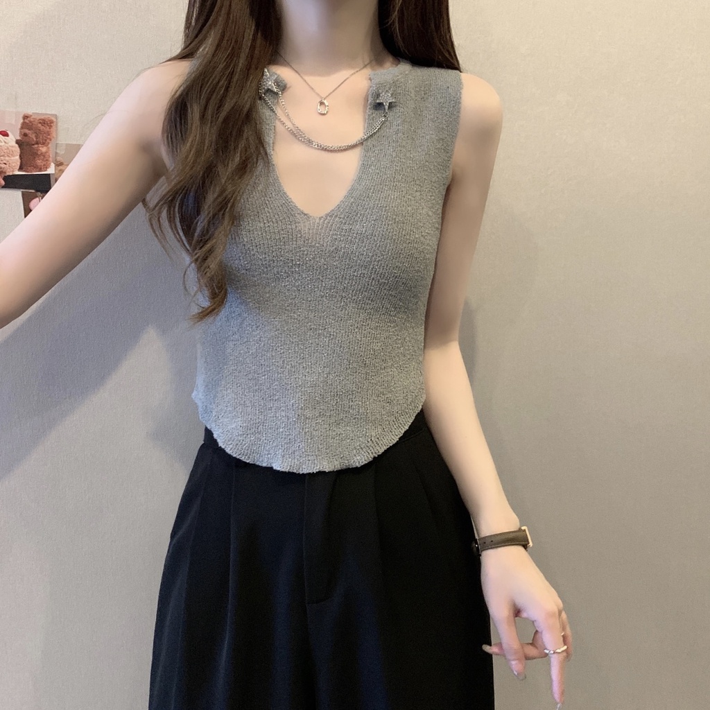 Jiashucheng Áo Dệt Kim Sát Nách Cổ Chữ V Dáng Ôm Màu Đen Thời Trang Mùa Hè Phong Cách Hàn Quốc Cho Nữ