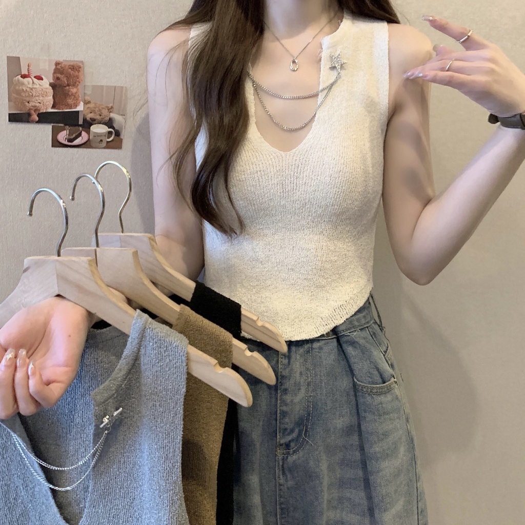 Jiashucheng Áo Dệt Kim Sát Nách Cổ Chữ V Dáng Ôm Màu Đen Thời Trang Mùa Hè Phong Cách Hàn Quốc Cho Nữ