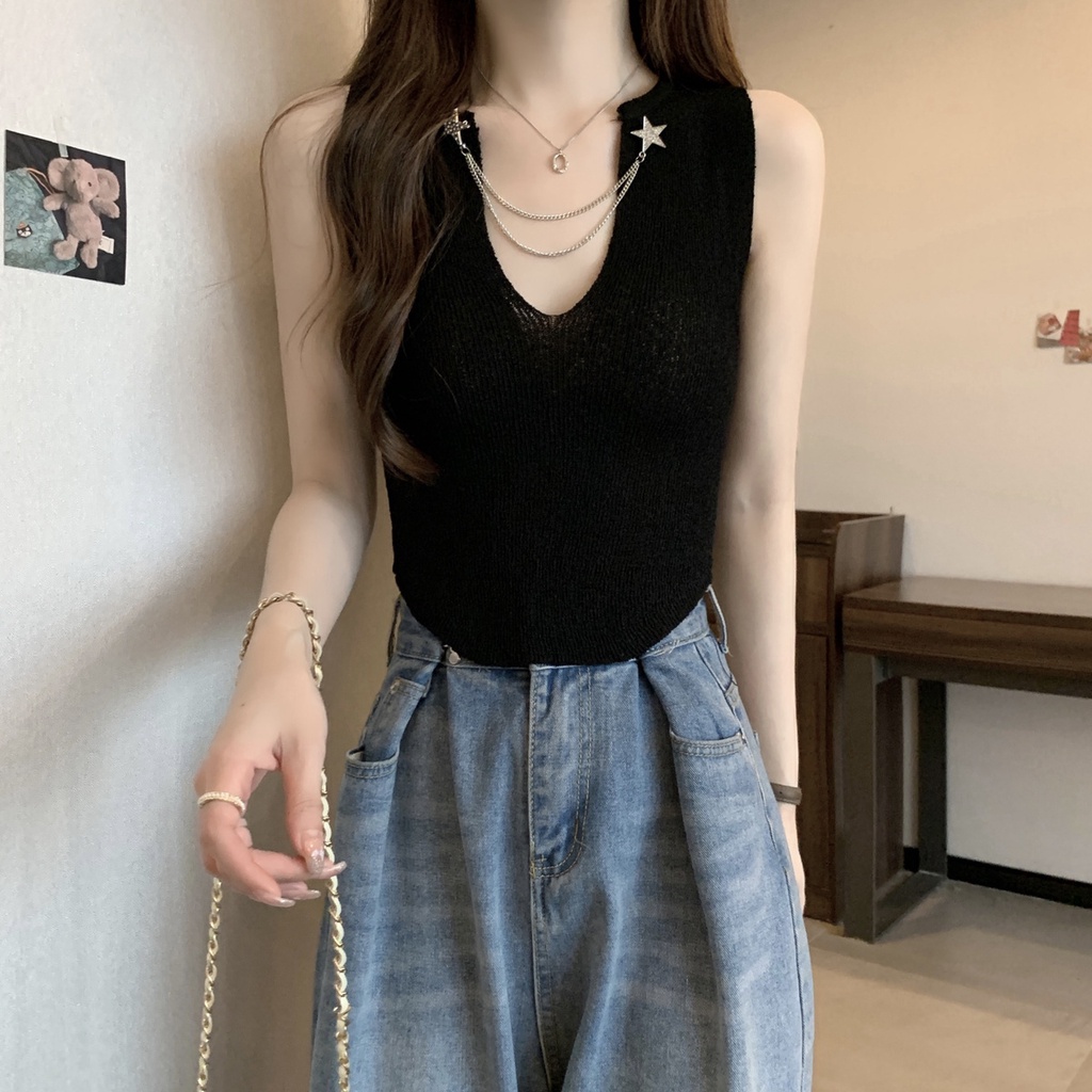 Jiashucheng Áo Dệt Kim Sát Nách Cổ Chữ V Dáng Ôm Màu Đen Thời Trang Mùa Hè Phong Cách Hàn Quốc Cho Nữ