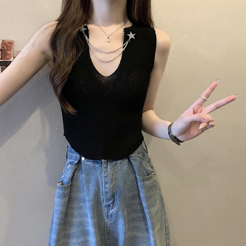 Jiashucheng Áo Dệt Kim Sát Nách Cổ Chữ V Dáng Ôm Màu Đen Thời Trang Mùa Hè Phong Cách Hàn Quốc Cho Nữ